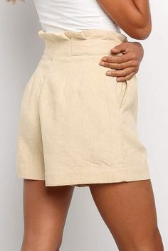 Beige Frilled High Waist Shorts Off Shoulder Shirt, Fall Winter Dresses, Shoulder Shirts, Daily Dress, Linen Clothes, Long Blouse, Linen Women, Winter Dresses, Shorts With Pockets