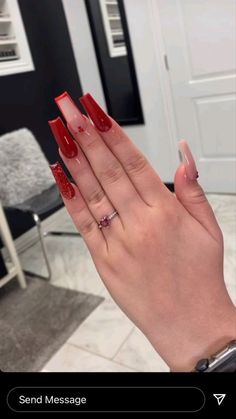 Ruby Color Nails, Red Nail Set Simple, Red Nails With The Letter A, Simple Red Acrylic Nails Square, Cute Red Acrylic Nails Designs, Valentines Day Nails Elegant, Clear And Red Acrylic Nails, Nail Ideas Y2k Red, Simple Red Acrylic Nail Ideas