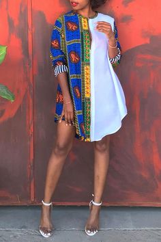 Fashion Stitching Printed Round Neck Long Sleeve Mini Dress Ankara Wedding Dress, Ankara Prom Dress, Gala Outfits, Dress Ankara, African Print Dress Ankara, African Fashion Women Clothing, African Inspired Fashion, Ankara Dress, African Print Dress