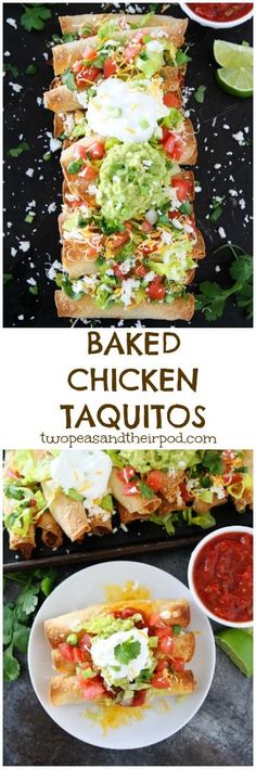 baked chicken taquitos with salsa and guacamole