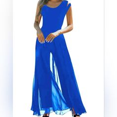 Women's Casual Sleeveless High Waist Round Neck Chiffon Jumpsuit Loose Romper Long Pants Dresses For Women Nwot Sleeveless Chiffon Jumpsuit For Spring, Chic Blue Sleeveless Jumpsuits And Rompers, Fitted Sleeveless Chiffon Jumpsuits And Rompers, Sleeveless Chiffon Jumpsuit For Party, Sleeveless Chiffon Party Jumpsuit Or Romper, Elegant Blue Jumpsuit For Summer, Blue Sleeveless Stretch Jumpsuit And Romper, Blue Sleeveless Stretch Jumpsuits And Rompers, Blue Stretch Sleeveless Jumpsuits And Rompers