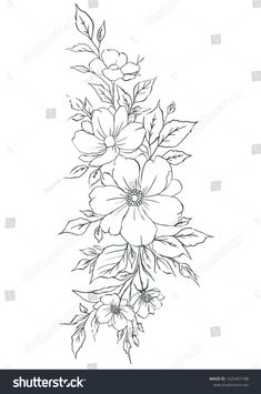 black and white drawing of flowers with leaves on a white background, line art style