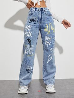 Light Wash  Collar  Denim Floral,Slogan Straight Leg Embellished Non-Stretch  Women Clothing Custom Jeans Diy, Celana Fashion, Painted Clothes Diy, Shein Icon, Custom Jeans, Painted Jeans, Cute Pants, Outfit Jeans, Painted Clothes