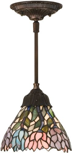 a stained glass light hanging from a ceiling fixture