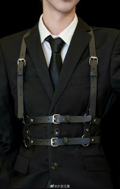 Suit And Harness Men, Suit Harness Men, Harness Suit Men, Harness Fashion Mens, Suit With Harness Men, Suits With Harness, Men In Harness, Formal Cyberpunk Outfit Male, Men Harness Outfit