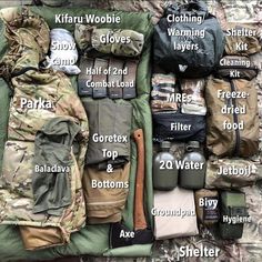 the contents of a backpack laid out on top of a bed with names in english