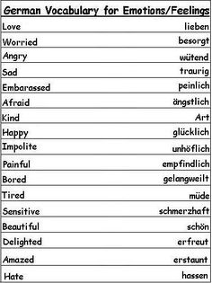 the german word list for emotions feelings and feelings, including words that are used to describe them