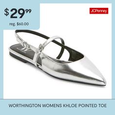 These Worthington women's Khloe pointed-toe ballet flats are an on-trend style to add into your wardrobe mix. Made from a silver-tone metallic faux leather, this closed-toe shoe has an open back with dual strap closures to keep your feet in place. Wear them with skinny jeans and a shirt or a dress. Closure Type: BuckleShoe Heel Height: 1/2 InchUpper/Outer Base Material: 100% TextileShoe Lining Material: PolyurethaneSole Material Content: 100% Thermoplastic-RubberToe Type: Closed Toe, Pointed To… Spring Slip-on Flats With Pointed Toe, Spring Party Slip-on Pointed Toe Flats, Modern Slip-on Pointed Toe Flats For Spring, Modern Spring Slip-on Pointed Toe Flats, Modern Ballet Flats For Summer Workwear, Modern Summer Ballet Flats For Work, Modern Almond Toe Pointed Flats For Spring, Modern Summer Workwear Ballet Flats, Spring Modern Almond Toe Pointed Flats