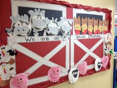 a bulletin board decorated with farm animals and words that say we are all good things