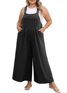 PRICES MAY VARY. FABRIC COMPOSITION: Plus size overalls for women made of 100% polyester, lightweight, soft, drapey, breathable and durable ADJUSTABLE STRAPS: (Inseam- 22.64 inches) Wide legs, four pockets, three coconut buttons to adjust the length of the jumpsuit. ROOMY PLUS SIZE JUMPSUIT: ample waist and leg space, hiding your tummy ,flattering your plump figure PLUS SIZE JUMPSUIT FOR CURVY WOMEN: It looks cute with a graphic tee, plain white tee, tank top, or even a light cardigan sweater in Cheap Sleeveless Striped Jumpsuits And Rompers, Cheap Relaxed Fit Button-up Jumpsuits And Rompers, Cheap Full-length Casual Overalls, Plus Size Overalls, Black And White Striped Overalls, Plus Size Rockabilly, Casual Summer Rompers, Casual Striped V-neck Jumpsuits And Rompers, Summer Rompers