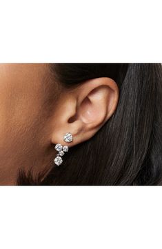 Hand-set clusters of lab-created diamonds stipple these dreamy ear jacket enhancers designed to add a luxurious complement to your studs. Includes two enhancers; studs sold separately   3/4" drop; 3/8" width   Compatible with stud posts up to 0.9mm diameter   Total lab-created-diamond weight: 3.29ct.   Color: G   Clarity: VS   14k gold/lab-created diamond   Imported   >Diamond Guide Earing Jacket, Earring Enhancer, Cluster Earrings Studs, Cluster Earring, Diamond Cluster Earrings, Fancy Earrings, Diamond Guide, Ear Jacket, Diamond Earring