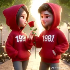 two people in red hoodies holding a rose and looking at each other while standing on a sidewalk