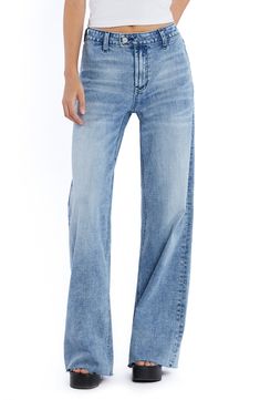 Tailored with an easy-fitting wide leg, these stretch-denim jeans feature a flat front and two back patch pockets. 32" inseam; 23" leg opening; 10 1/4" front rise Zip fly with button closure Back patch pockets 69% cotton, 27% REPREVE® recycled polyester, 3% rayon, 1% spandex REPREVE recycled polyester is made from 100% post-consumer recycled plastic bottles Machine wash, tumble dry Imported Denim Blue Flare Jeans, Everyday Medium Wash Full Length Flare Jeans, Everyday Medium Wash Full-length Flare Jeans, Blue Relaxed Fit Straight Flare Jeans, Blue Straight Flare Jeans With Relaxed Fit, Mid-rise Medium Wash Relaxed Fit Flare Jeans, Denim Blue Mid-rise Relaxed Fit Flare Jeans, Mid-rise Washed Relaxed Fit Flare Jeans, Mid-rise Washed Flare Jeans With Relaxed Fit