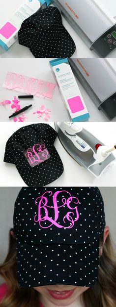 three photos showing different hats with the same monogrammed letters on them, and one has