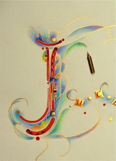 an artistic drawing of the letter e on white paper with colored ink and gold accents