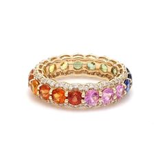 Rainbow Gemstone Ring, Natural Multi Sapphire Band, 14K Solid Gold Stack Eternity Band Ring, Real Colored Gemstone Ring, Anniversary Ring Item Description  Metal : 925 sterling silver  Style : Art Deco Main Stone  : Multi Sapphire  Stone Shape : Round Stone Size : 3 mm Color : Multi  Side Stone : Cubic Zircon Shape : Round Size : 1.5 mm Color : White Stone Weight : 6.00 Ct (Approx.) Silver Weight : 3.50 gm ( approx. ) This Ring Is Available In All Sizes Perfect for Wedding, Engagement, Cocktail, Party, Anniversary, Birthday, Christmas, Valentine's Day, Statement Occasions Metal Purity: 925 Sterling Silver with 925 stamps.  ✦ MADE WITH LOVE ✦ This unique and heartfelt product is beautifully packaged and ready for giving. Makes a sentimental surprise for any awesome lady. We check all our it Rainbow Rings, Rainbow Gemstones, Sapphire Band, Multi Sapphire, Eternity Band Ring, Silver Style, Sapphire Stone, Eternity Band, White Stone