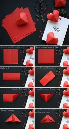 step by step instructions on how to make origami hearts and envelopes for valentine's day