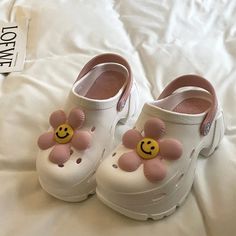 Smiley Face Flower White Chunky Platform Women's Crocs A-Like (2) White Trendy Slip-on Jelly Sandals, Non-slip Jelly Sandals For Spring, Cute Slip-on Summer Clogs, Cute Summer Slip-on Clogs, Casual Non-slip Jelly Sandals For Spring, White Jelly Sandals With Round Toe For Vacation, White Round Toe Jelly Sandals For Vacation, White Casual Eva Clogs, Cute Non-slip Summer Clogs