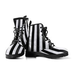 Men's/Women's Vegan Boots Black and white stripes ♥ See our other striped items here: https://www.etsy.com/shop/BlueStarTrader?search_query=stripe When did you last feel that your shoes help express your personality? Or when is the last time you were complimented on your shoes? If this isn't often, then read on... Most local shoe stores don't carry footwear with designs as unique as this. In fact, you can't buy these anywhere else. This design unique with black and white checkered design on both Beetlejuice Costume, Shoe Stores, Goth Boots, Combat Style, Boots Combat, Striped Shoes, Checkered Design, Vegan Boots, Rockabilly Fashion