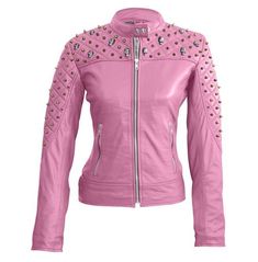 Women Pink Quilted Gold Studded Skeletons Genuine Leather Jacket | Leather Skin Mode Rose, Pink Leather Jacket, Studded Leather Jacket, Black Leather Biker Jacket, Studded Jacket, Cow Skin, Leather Skin, Women Pink, Genuine Leather Jackets