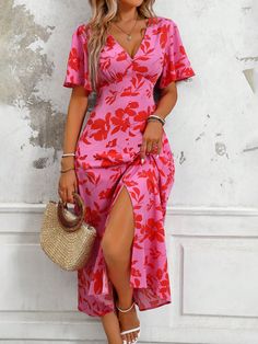 Women's Tropical Plant Print V-Neck Ruffle Short Sleeve Long Elegant Dress With Side Slit Hem, Perfect For Vacation Maxi Women Outfit Pink Boho  Short Sleeve Woven Fabric Floral,Plants,All Over Print A Line Non-Stretch  Women Clothing, size features are:Bust: ,Length: ,Sleeve Length: Tropical Formal Dress, Long Elegant Dress, Holiday Style Summer, Oufits Casual, Maxi Outfits, Two Piece Jumpsuit, Elegant Maxi Dress, Tropical Floral Print, Elegant Dresses Long