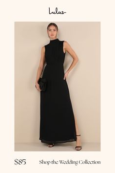 Your energy will be regal in the Lulus Classic Elegance Black Chiffon Sleeveless Mock Neck Maxi Dress! Airy woven chiffon shapes this gorgeous dress that has a mock neckline and a sleeveless bodice with gathered fabric detailing. A lightly elasticized waist tops a stunning maxi skirt complete with twin side slits. Keyhole opening and double button closure at back. Hidden back zipper/clasp. Fit: This garment fits true to size. Length: Floor length. Size medium Bust: Great for any cup size. Waist: Fitted - very fitted at natural waist. Hip: Not Fitted - fuller skirt allows room for hips. Undergarments: May be worn with a strapless bra, adhesive bra, petals, or no bra. Fabric: Fabric has no stretch. Lined. Shell: 100% Polyester. Lining: 100% Polyester. Hand Wash Cold. Do Not Bleach. Line Dry. Mock Neck Maxi Dress, Conference Outfit, Fabric Detailing, Gathered Fabric, Sleeveless Mock Neck, Dress Chiffon, Adhesive Bra, Black Chiffon, Chiffon Maxi