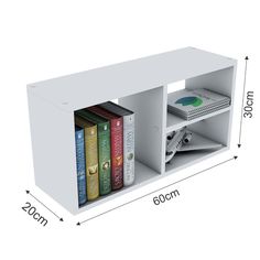 a white shelf with books and remotes on it, measurements for each bookcase