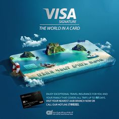 an advertisement for visa, the world in a card with boats and islands on it