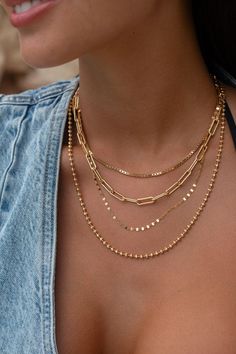 Your new favorite layering chain just entered the chat. Part of Victoria's 'Perfect Stack', this layering chain is perfect for both the minimalist and the maximalist girl - whether you wear it alone or incorporate it into your stack, this necklace catches the light from all angles. 14k Gold Fill Tarnish Resistant + safe for sensitive skin Dimensions: 17" Victoria Garrick Browne is a viral content creator, founder, and public speaker who isn't afraid to get real. Her mission is to de-stigmatize t Chic Everyday Layered Chain Necklace, Trendy Everyday Clavicle Chain Layered Necklace, Trendy Clavicle Chain Layered Necklace, Trendy Double Chain Necklace For Layering, Minimalist Everyday Layered Necklaces, Trendy Clavicle Chain Necklace For Layering, Trendy Layering Jewelry With Satellite Chain, Chic Layered Necklace With Adjustable Chain, Chic Clavicle Chain Layered Necklace