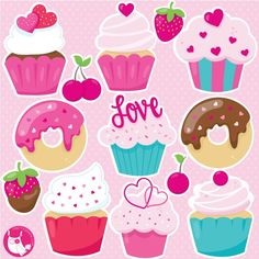 a bunch of cupcakes that are on a pink background with the words love