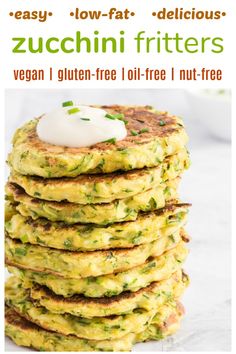 zucchini fritters are stacked on top of each other