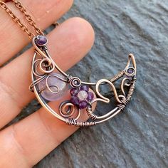 Copper Moon Charm For Jewelry Making, Bohemian Amethyst Moon Charm Jewelry, Purple Bohemian Jewelry With Moon Charm, Bohemian Amethyst Moon Phase Jewelry, Bohemian Purple Jewelry With Moon Charm, Bohemian Purple Moon Phase Jewelry, Bohemian Moon Phase Copper Jewelry, Bohemian Rose Gold Hand-wrapped Necklace, Bohemian Wire Wrapped Moon Jewelry