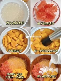 four pictures showing different types of fruit in bowls and on plates, with instructions for how to make them