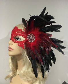 Red Mask Lace Masquerade Mask with Feathers Masked Ball | Etsy Elegant Red Masks For Carnival, Elegant Red Masquerade Mask For Carnival, Elegant Red Masquerade Mask For Theater, Dark Red Masquerade Mask, Handmade Red Masquerade Mask, Peacock Hair Clip, Lace Masquerade Masks, Peacock Hair, Red Mask