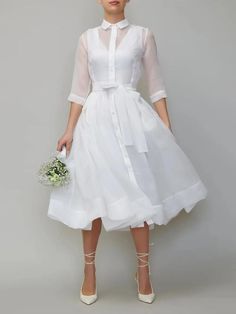 Luxury White Dresses With 3/4 Sleeve, High Collar Dress White, Plain Midi Dress, Voluminous Skirt, Organza Shirt, Elegant Shawl, Dress Name, Collared Shirt Dress, Summer Elegant