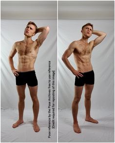 a man without a shirt is standing in front of a white backdrop with his hands on his head