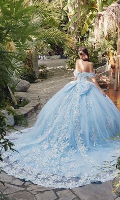 Long pastel tulle a-line quinceanera ball gown with off the shoulder straps and sequin details. Glitter Sweet 16, Off Shoulder Ball Gown, Quinceanera Dresses Blue, Quince Dress, Formal Wear Dresses, Quinceanera Dress, Sequin Appliques, Bahama Blue, Prom Designs