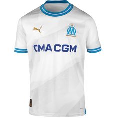 a white and blue soccer jersey with the word omacm on it's chest