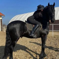 a woman riding on the back of a black horse in an enclosed area next to a building