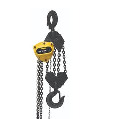 an electric chain hoist with yellow levers and black chains on it's side