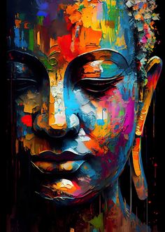 a painting of a buddha face with multicolored paint splattered on it