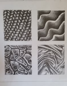 four different types of textured paper on a white surface with black and grey lines