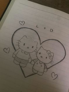 an open notebook with a drawing of hello kitty and cat holding a heart on it