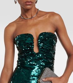 Sequined strapless midi dress in green - Roland Mouret | Mytheresa Strapless Sequin Dress For Evening Formal, Green Strapless Dress With Sweetheart Neckline For Gala, Contrast Sequin Midi Dress For Gala, Green Strapless Evening Dress For Gala, Green Strapless Evening Dress For Prom, Glamorous Strapless Holiday Dress, Glamorous Green Dress With Sweetheart Neckline, Green Strapless Dress For Prom Evening, Green Strapless Dress For Gala Prom Season