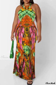 Olivia Mark - Chic Hollowed Out O Neck Sleeveless Plus Size Dress with Fashionable Print in Orange and Green Sleeveless Multicolor Dress With Tropical Print, Multicolor Sleeveless Dress With Tropical Print, Tropical Multicolor Sleeveless Dress, Tropical Multicolor Sleeveless Dress For Spring, Multicolor Print Sleeveless Dress For Spring, Fitted Sleeveless Maxi Dress With Tropical Print, Tropical Fitted Sleeveless Maxi Dress, Orange Sleeveless Printed Maxi Dress, Orange Printed Sleeveless Maxi Dress