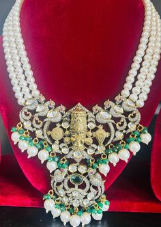 High-quality Victorian finish Balaji Pearl haram set with mossanites, comes with matching earrings. Victorian finish pendant and earrings. Diwali Designer Bridal Necklace With Intricate Design, Designer Kundan Temple Necklace, Kundan Temple Necklace For Designer Wear, Designer Temple Necklace In Kundan Style, Festive Elegant Temple Necklace For Designer Wear, Festive Designer Temple Necklace, Designer Temple Necklace For Festivals, Festive Chandbali Pearl Necklace Hand Set, Festive Chandbali Hand-set Pearl Necklace