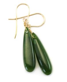 Green Nephrite Jade Earrings Natural deep rich green nephrite jade Smooth cut long teardrops Over 20 carats, nice medium large drops Earwires available in 14k solid gold, 14k gold filled or sterling silver Gem size is 10x30mm, earrings hang 1.7 inches Versatile - casual or dressy and great everyday earrings Mannequin shows relative size Visit My eBay Store!: Spyglass Designs Please note photos show camera lighting, shadows and reflections. Jewelry comes packaged in a small colorful tie pouch. Ge Cheap Green Beaded Teardrop Earrings, Affordable Green French Hook Earrings, Cheap Green Earrings With French Hook, Forest Green Jewelry, Unique Dangle Earrings, Small Drop Earrings, Earthy Jewelry, Jade Earrings, Green Earrings