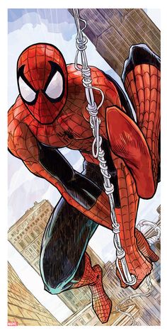 the spider - man is hanging upside down on a rope