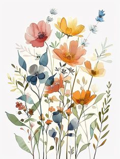 watercolor flowers are in a vase on a white background