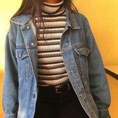 striped turtleneck + denim jacket + black oants 80s Turtleneck Outfit, Light Wash Jean Jacket Outfit, How To Wear Denim Jacket, Thrift List, Thrifted Style, Fest Outfits, Allison Argent, Clothing Aesthetic